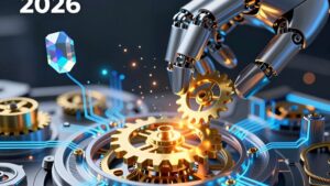 Роботизированная рука настраивает золотой механизм, демонстрируя технологии 3D-слотов 2026 и работу джекпота